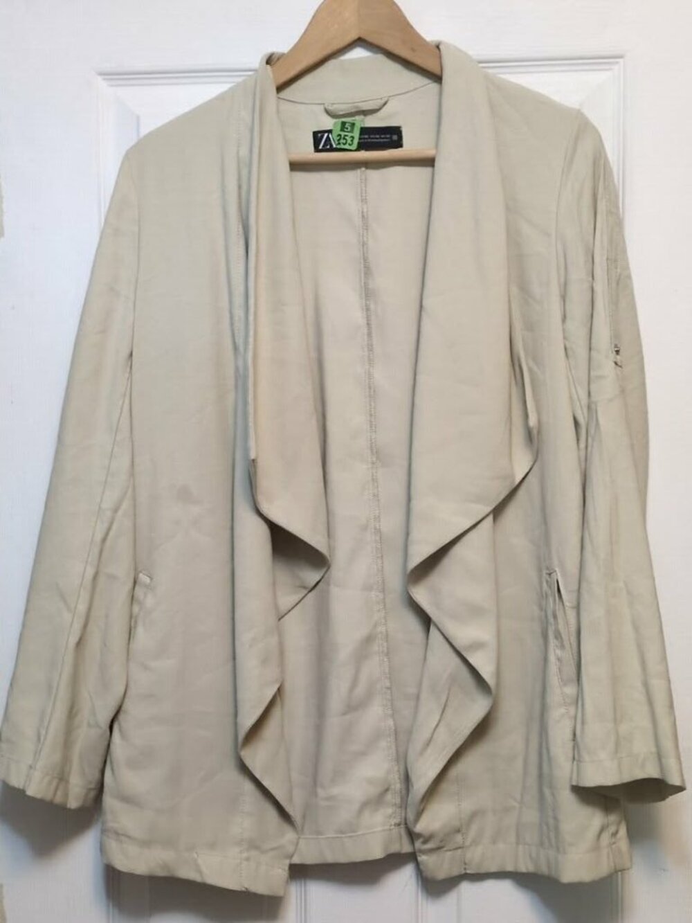 ZARA Beige Sz XS Draped Open Front Waterfall Safari Jacket Blazer Roll Tab Chic